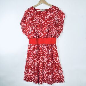 Halston Red White Brush Stroke Hot Coral Short Sleeve Dress Womens Small NWT NEW